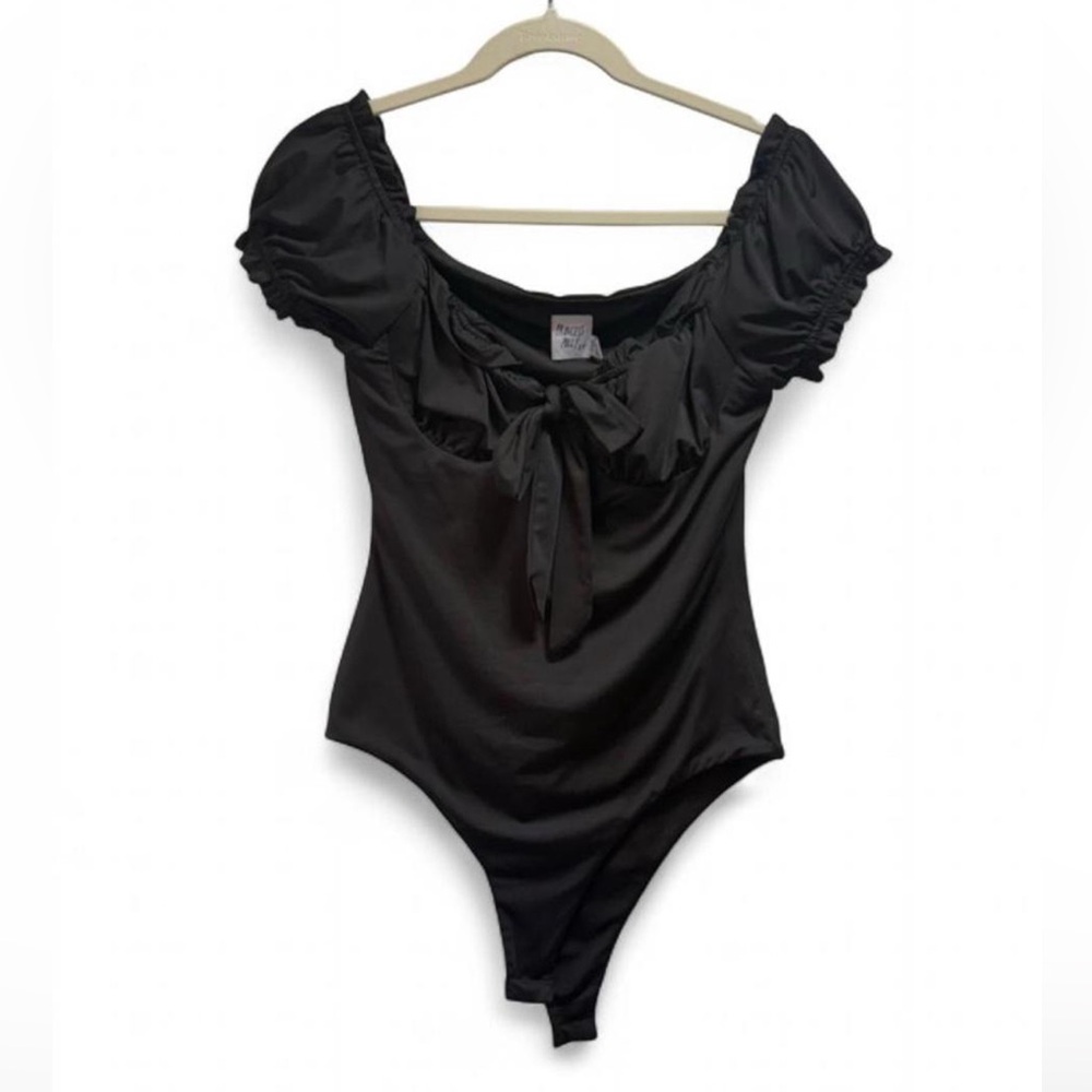 Princess Polly Shirt Womens 8 Black Off Shoulder Bodysuit Sweetheart Tie-Front - Picture 5 of 8
